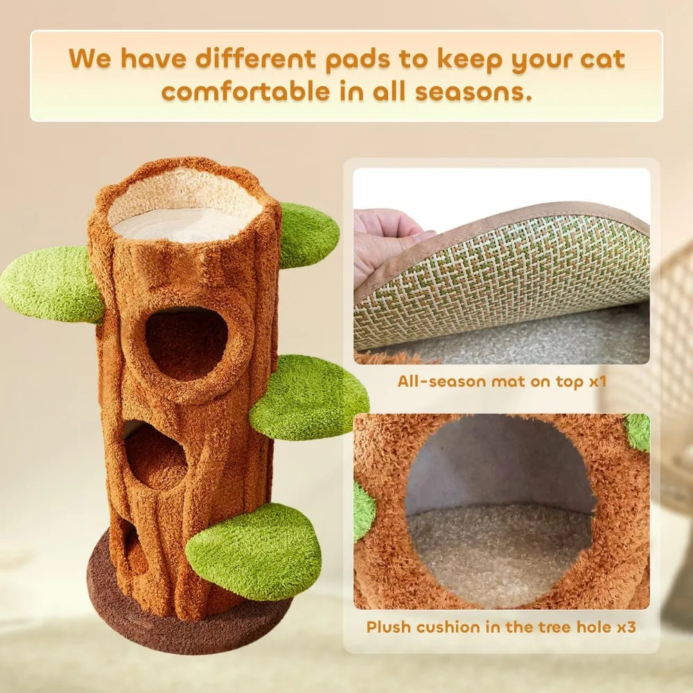 MKDK Natural Wood Cat Tree Multi Level Scratching Post
