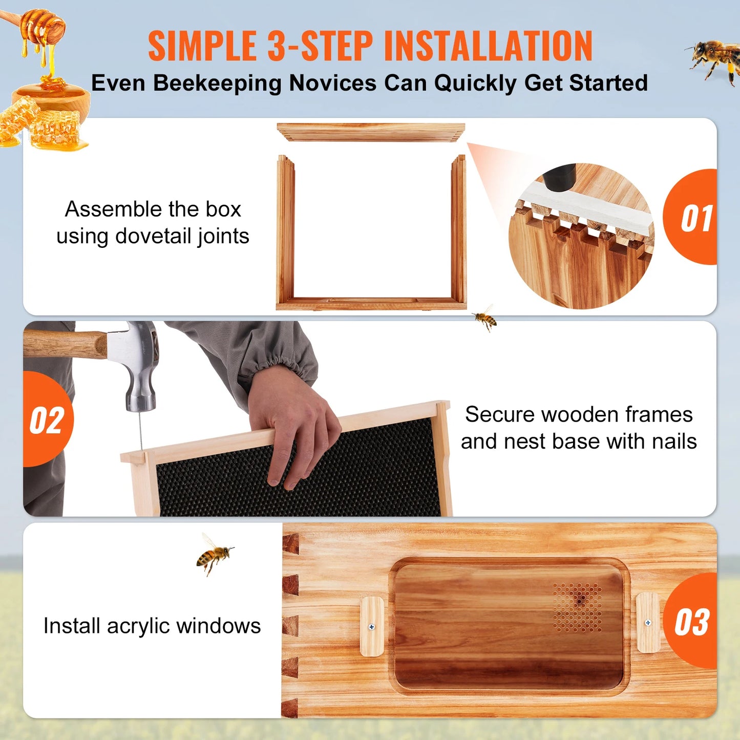 SucceBuy Natural Cedar Wood Langstroth Beehive Kit With Acrylic Windows