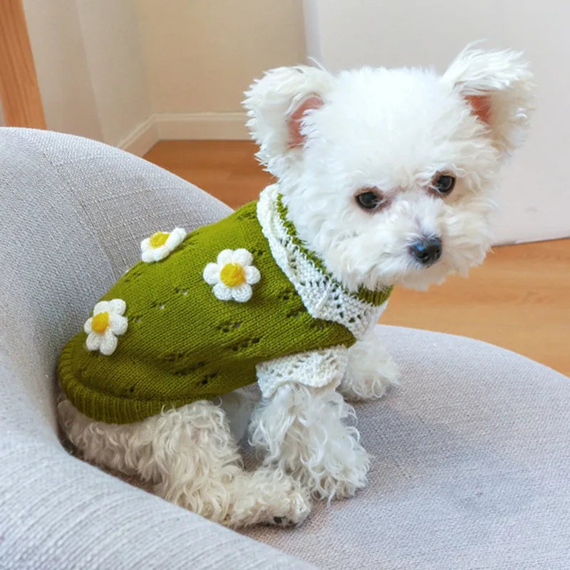 Floral Knit Dog Sweater For Dogs Warm Cozy Pet Sweater