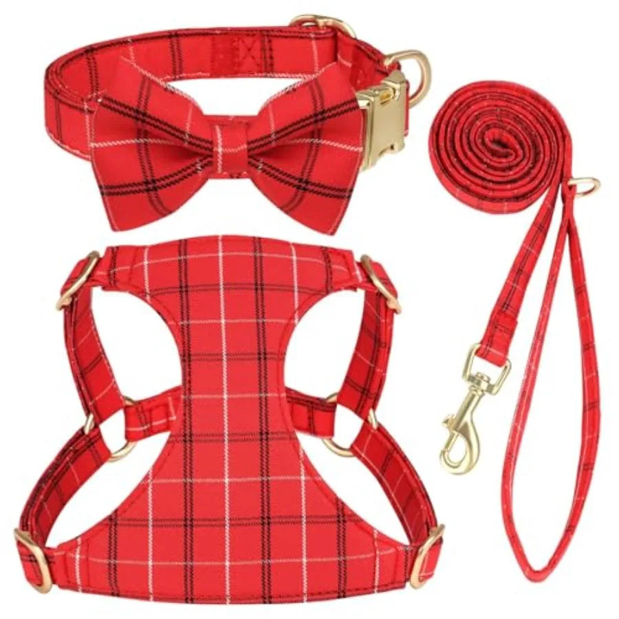 Dog Harness Collar And Leash Set With Bowtie For Pets