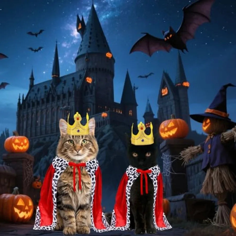Cat King Costume With Velvet Cloak And Golden Crown Set