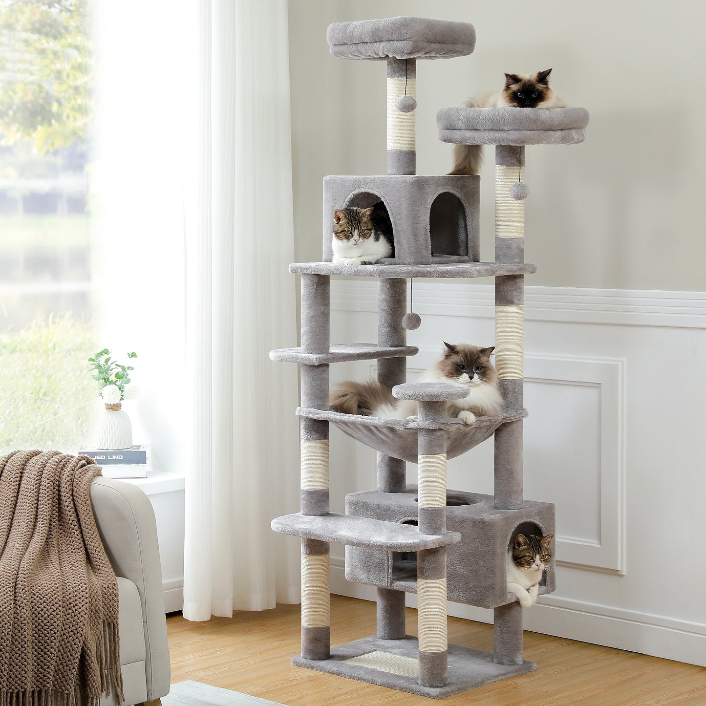 PEQULTI Multi Level Cat Tree Tower Scratching Posts Hammock Condo