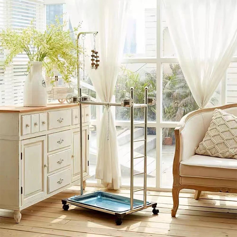 Shunmaii Metal Parrot Stand With Feeding Bowls Training Perch Wheels