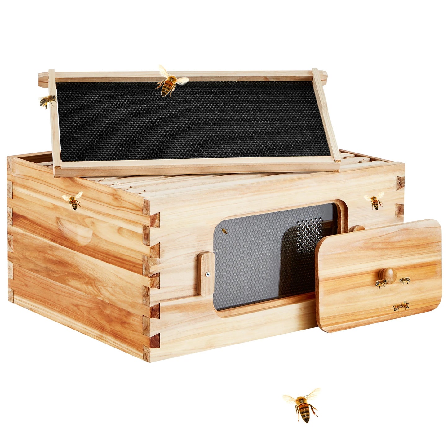 SucceBuy Natural Cedar Wood Langstroth Beehive Kit With Acrylic Windows