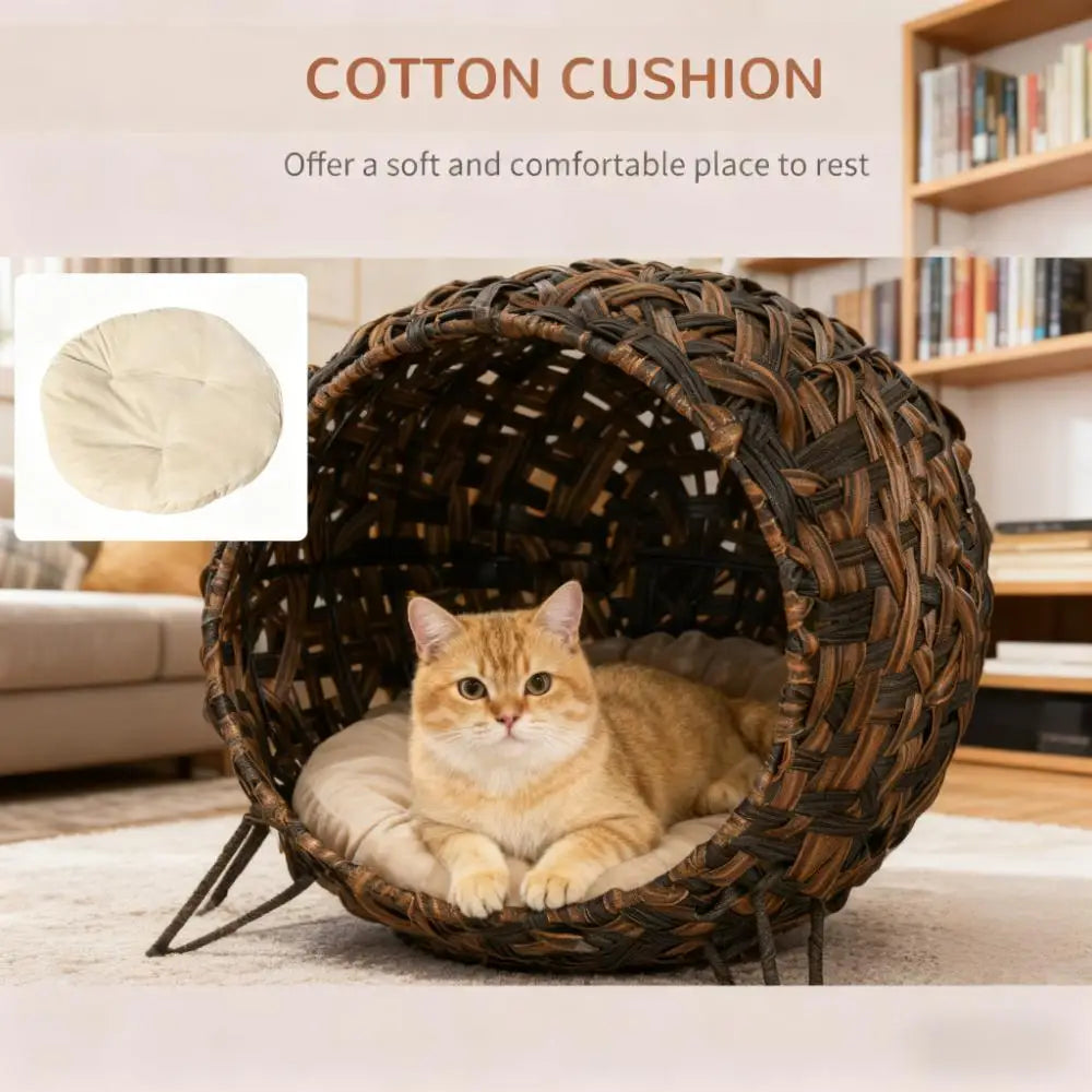 Elevated Handwoven Banana Leaf Cat House Condo With Cushion