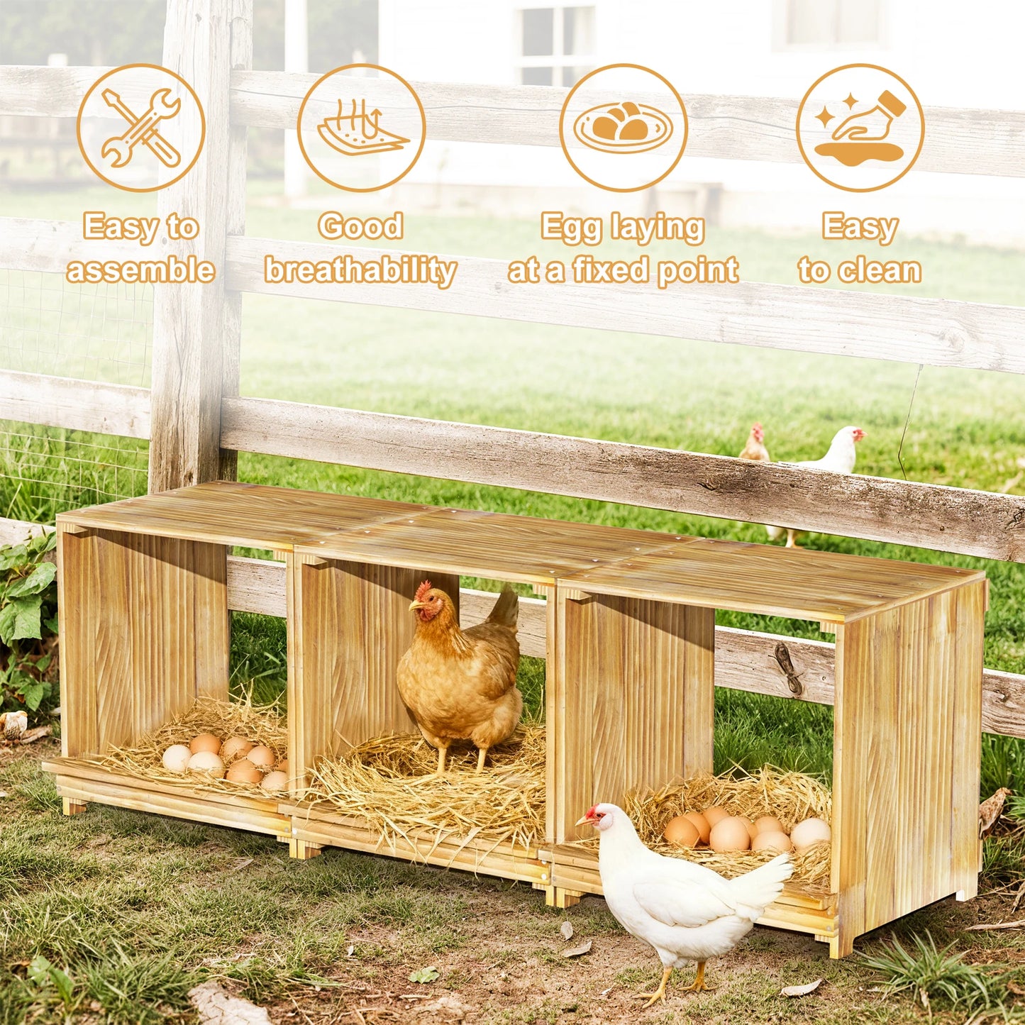 BORWART 3 Compartment Wooden Chicken Nesting Box for Poultry Farm