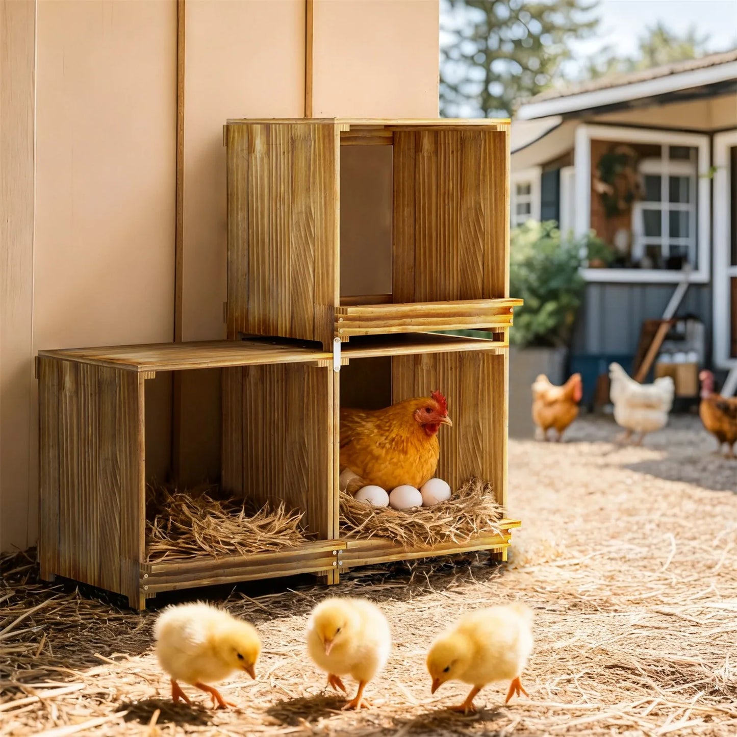 BORWART 3 Compartment Wooden Chicken Nesting Box for Poultry Farm
