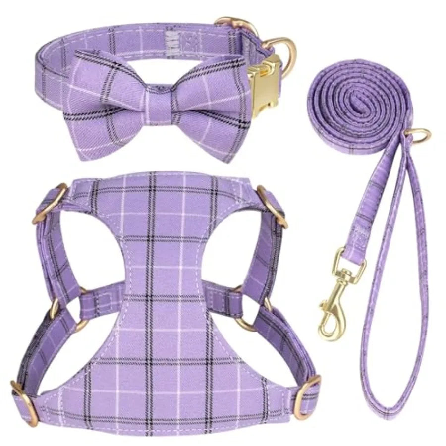 Dog Harness Collar And Leash Set With Bowtie For Pets