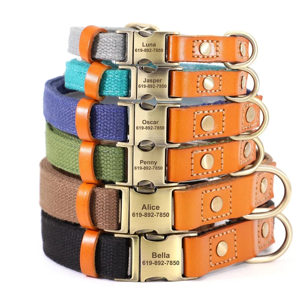 Nylon Dog Collar Leash Set With Personalized Genuine Leather Nameplate ID Tag