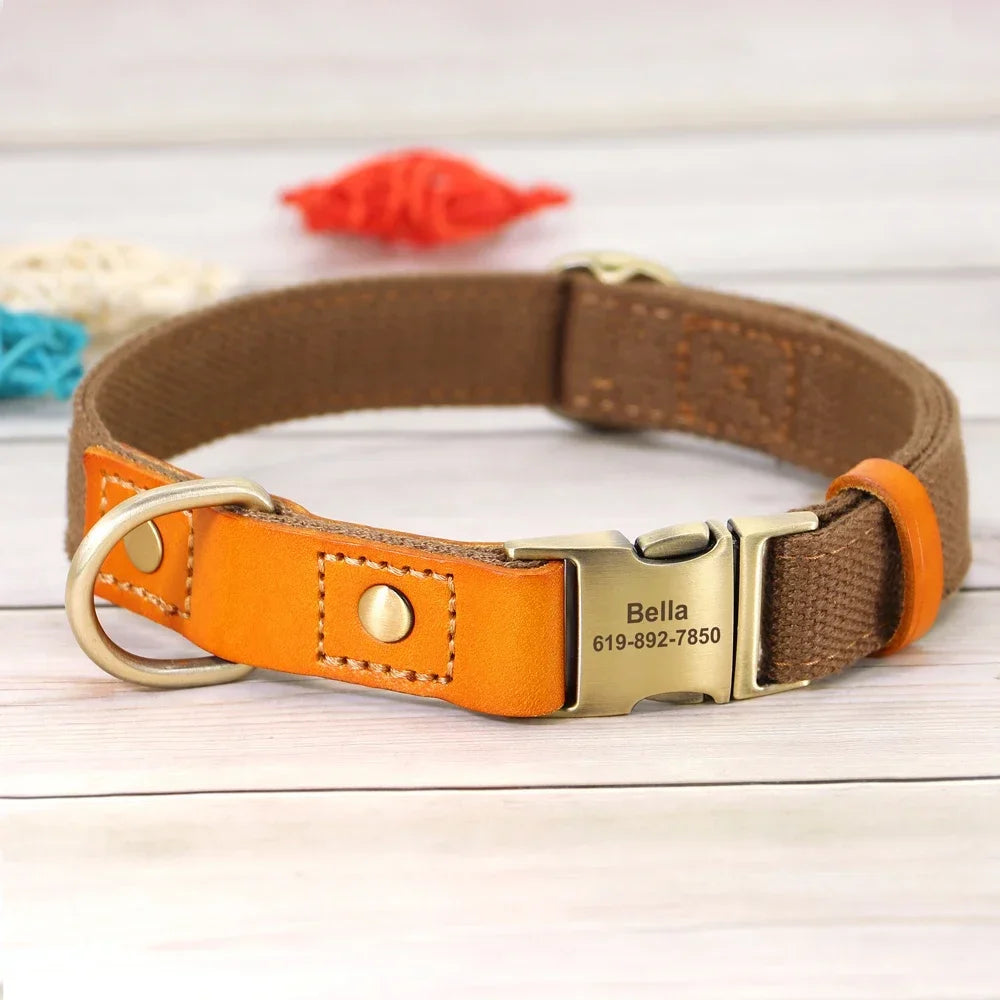 Nylon Dog Collar Leash Set With Personalized Genuine Leather Nameplate ID Tag