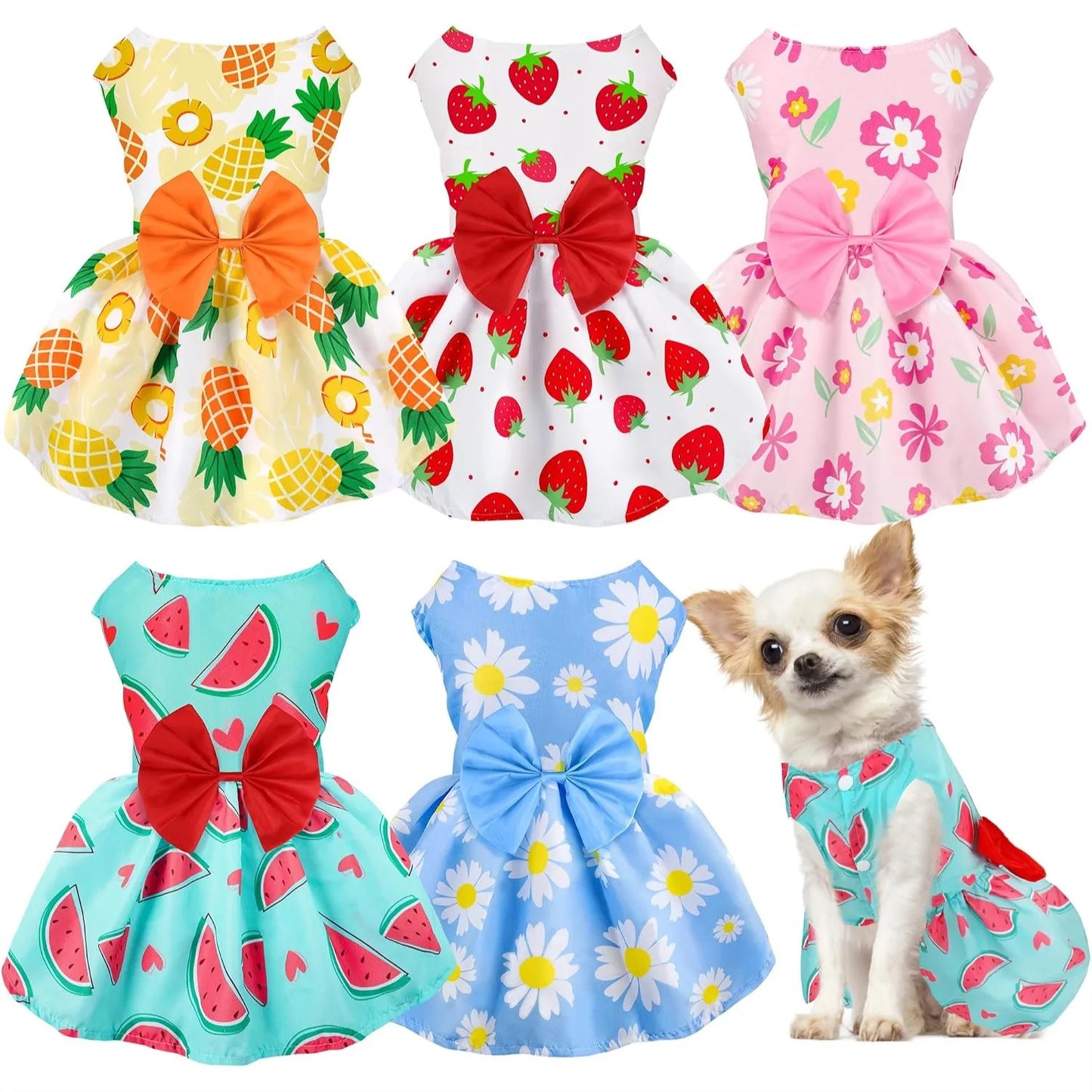 5 Pack Floral Bowknot Dog Dresses For Small Dogs Summer