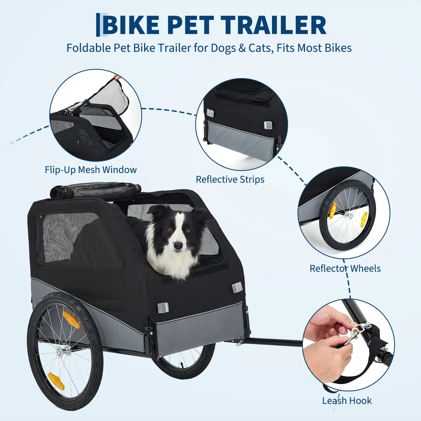 Foldable Dog Bike Trailer Steel Frame 100 Lb Capacity