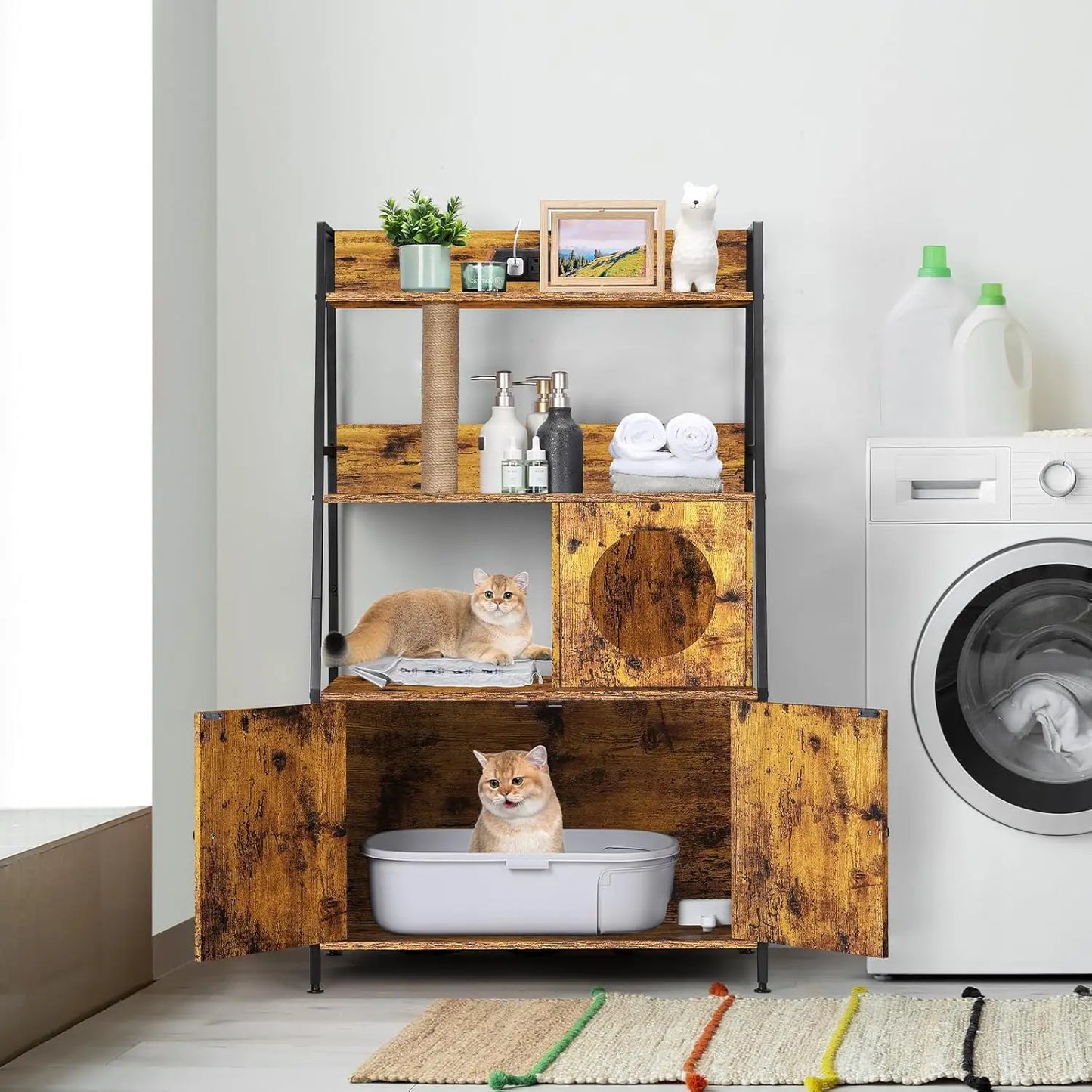 Closure Cat Litter Box Enclosure With Shelves And Charging Station