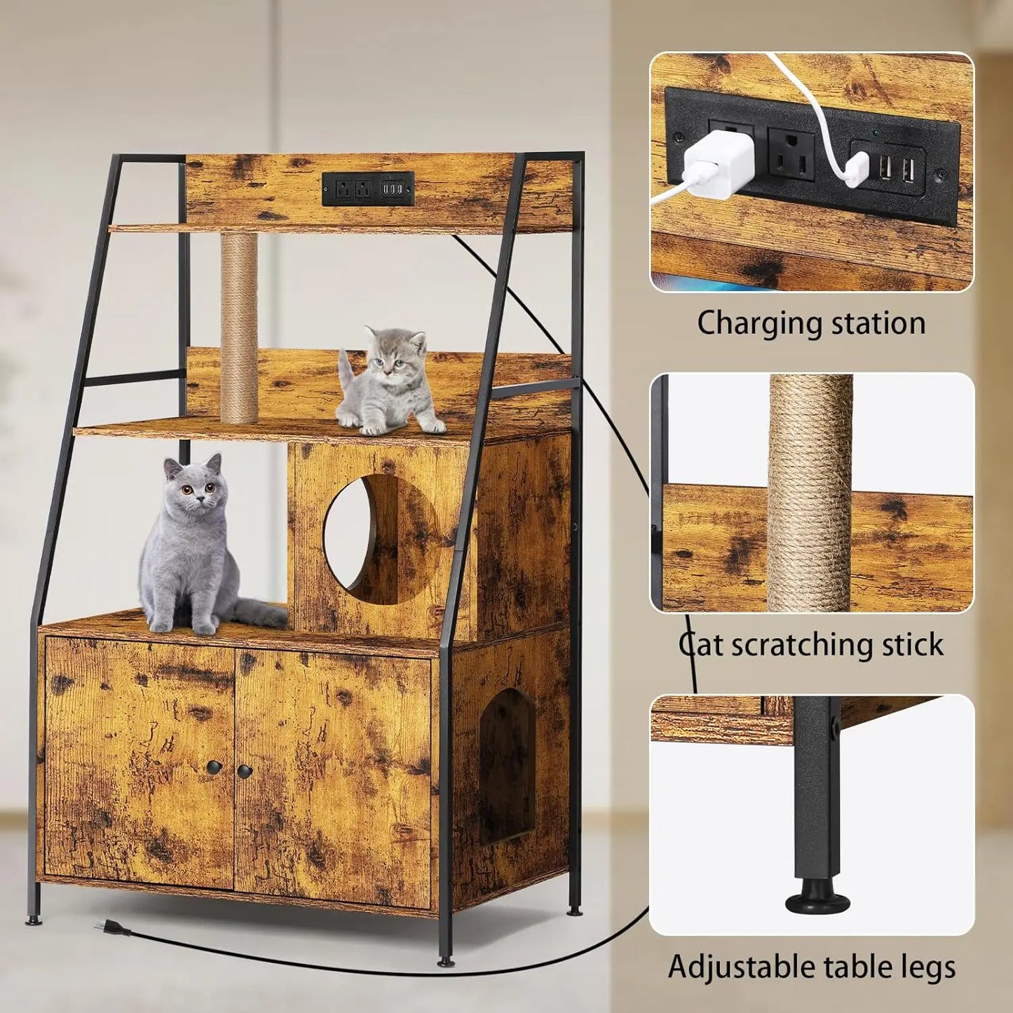 Closure Cat Litter Box Enclosure With Shelves And Charging Station