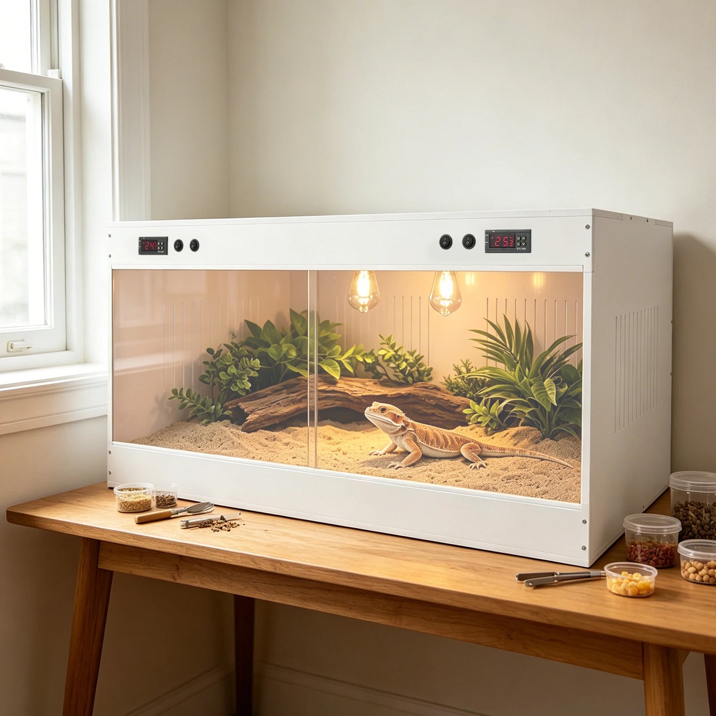 Reptile Tank Terrarium With Viewing Window And Dual Temperature Controllers