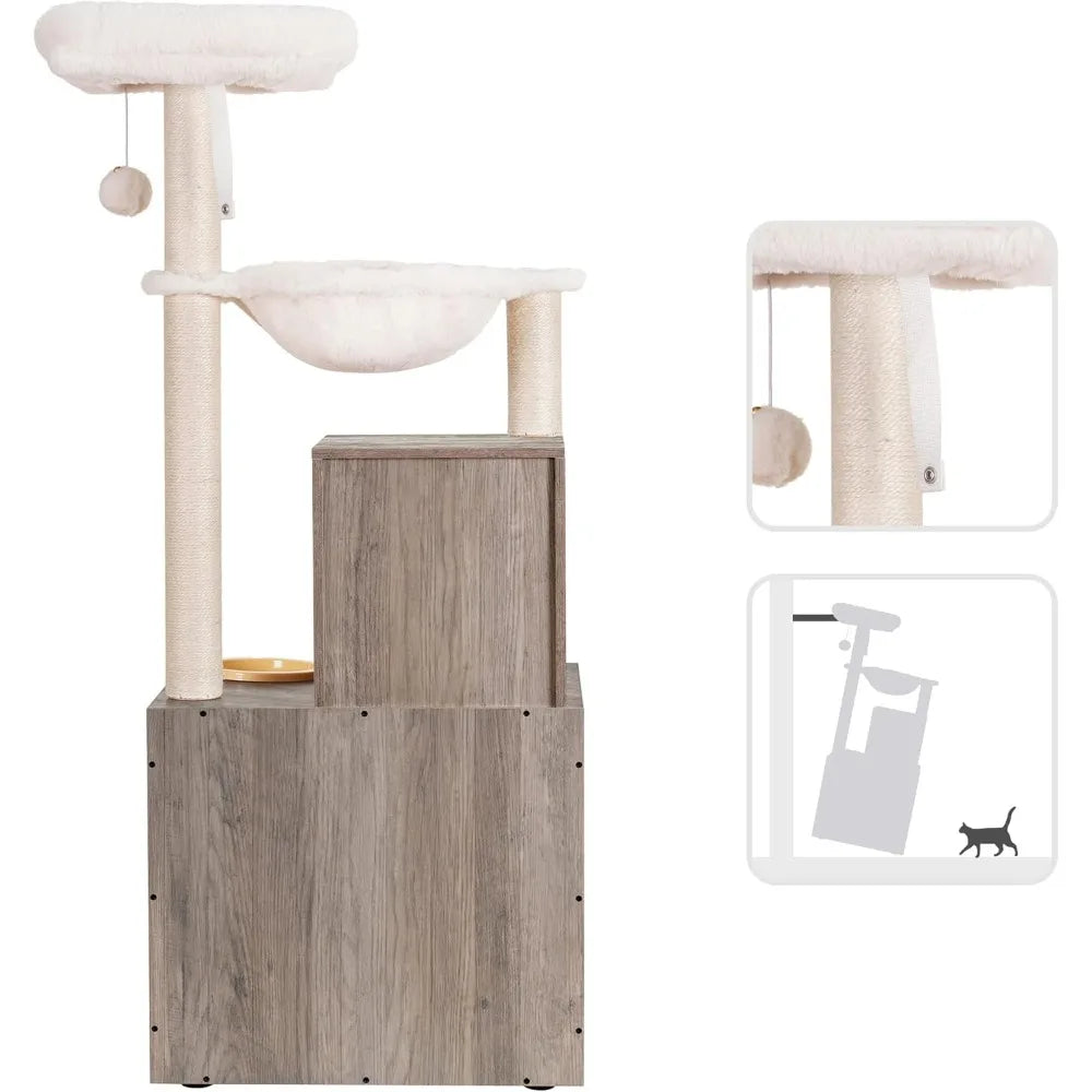 XMSJ All-In-One Cat Tree With Litter Box Enclosure And Food Station