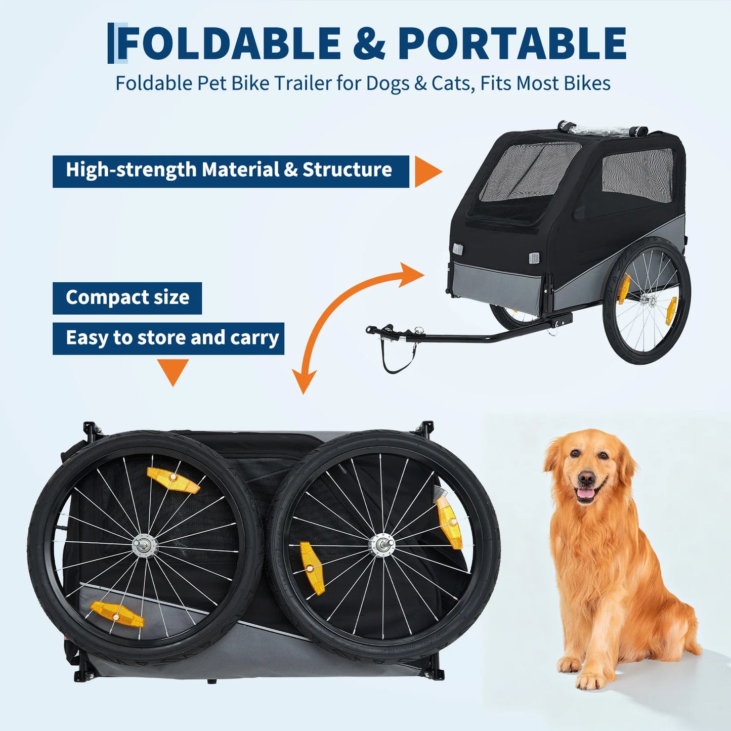 Foldable Dog Bike Trailer Steel Frame 100 Lb Capacity