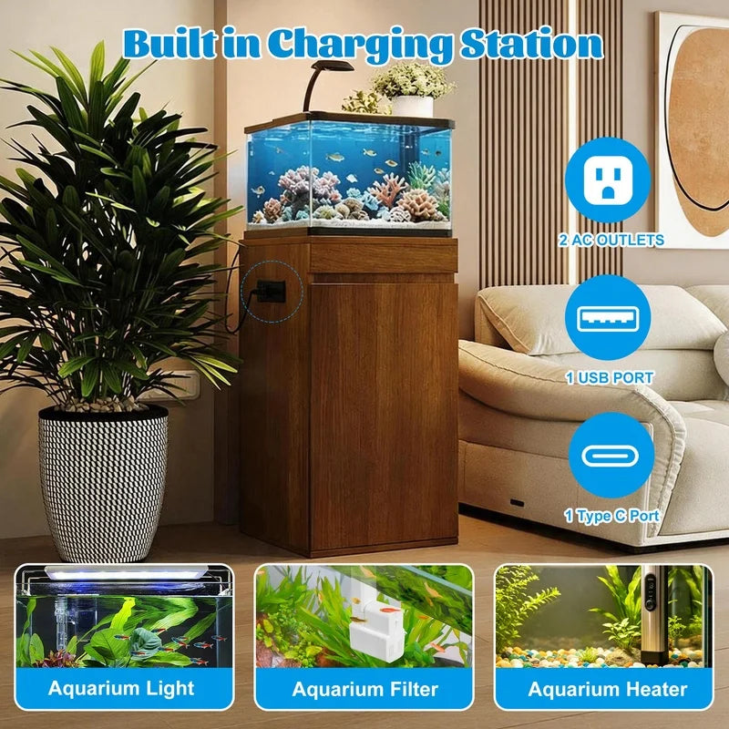 Aquarium Stand With Storage Cabinet, Adjustable Shelves And Power Outlets