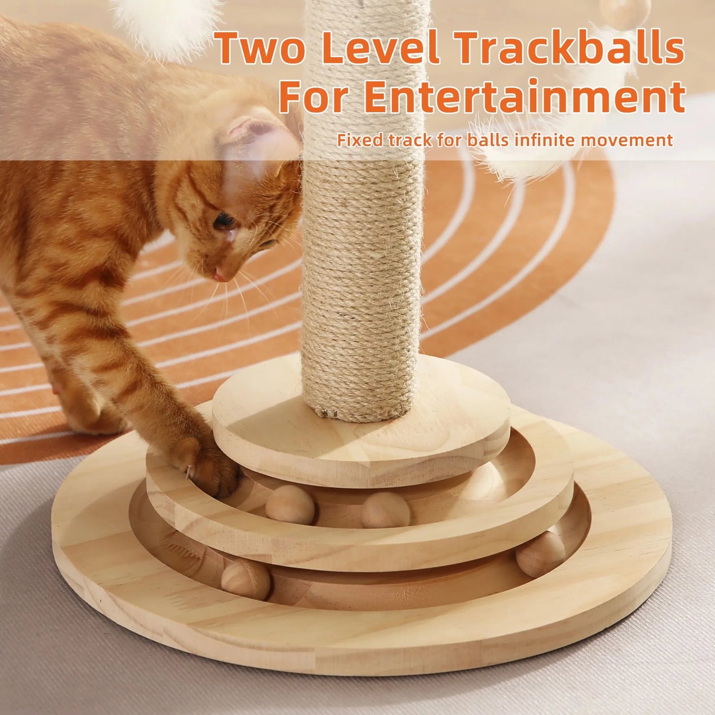 Interactive Cat Scratching Post With 2 Tier Ball Track And Hanging Feathers