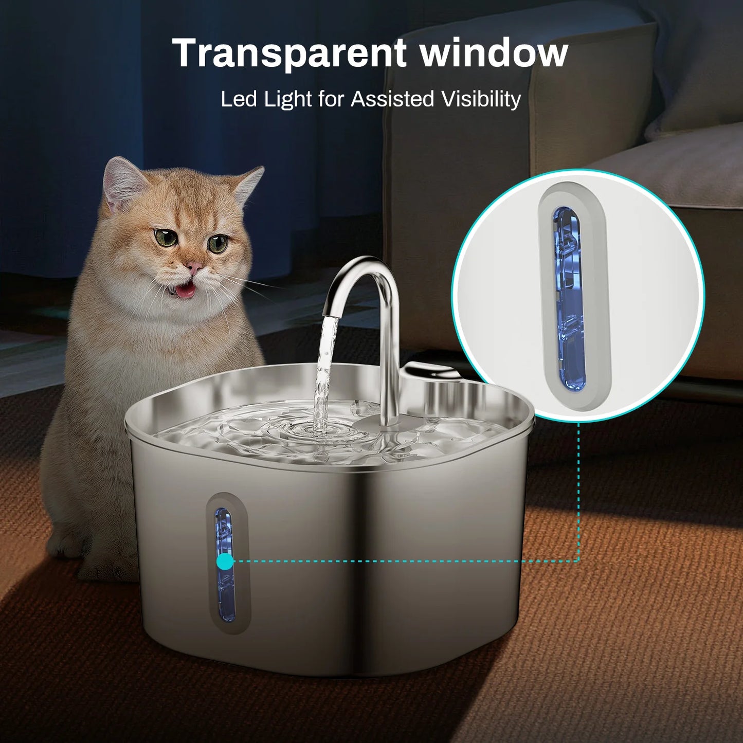 ZYfeeder 2.2L Automatic Cat And Pet Water Fountain Stainless Steel
