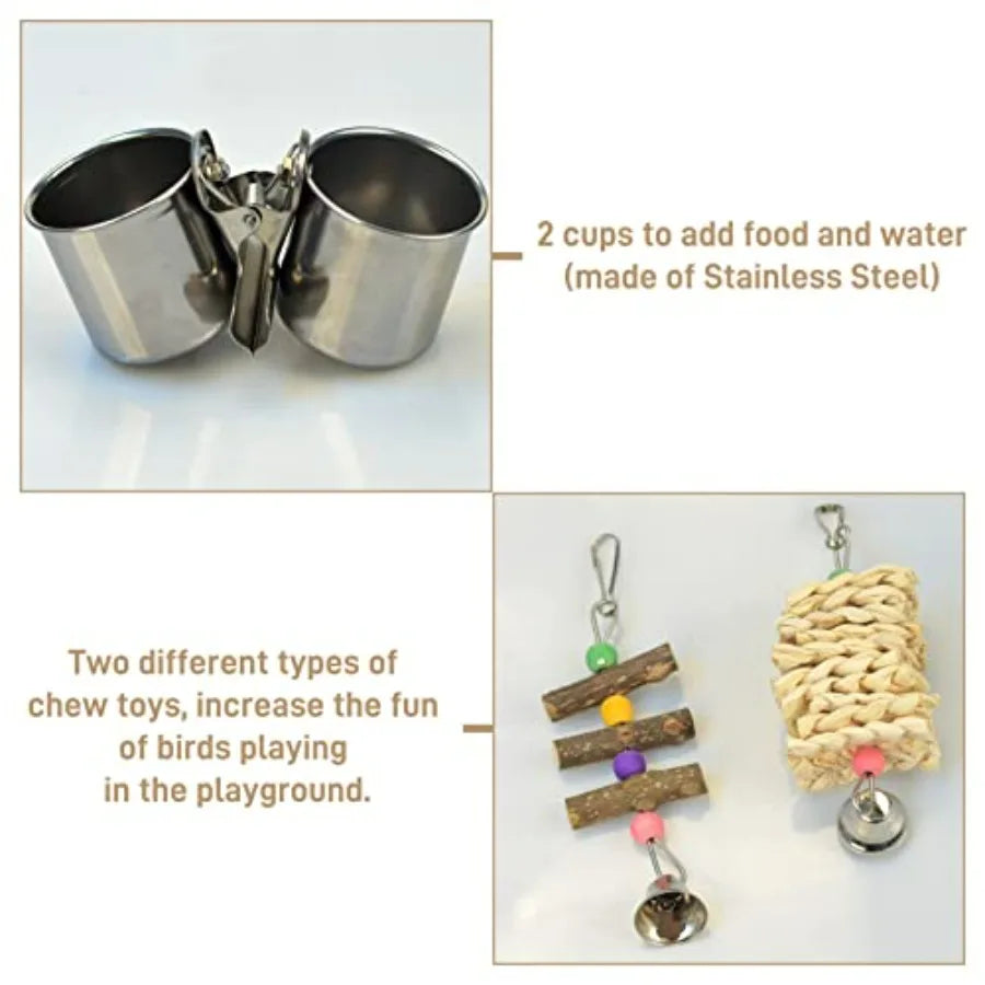 Natural Wood Bird Playground With Perches Stainless Steel Cups