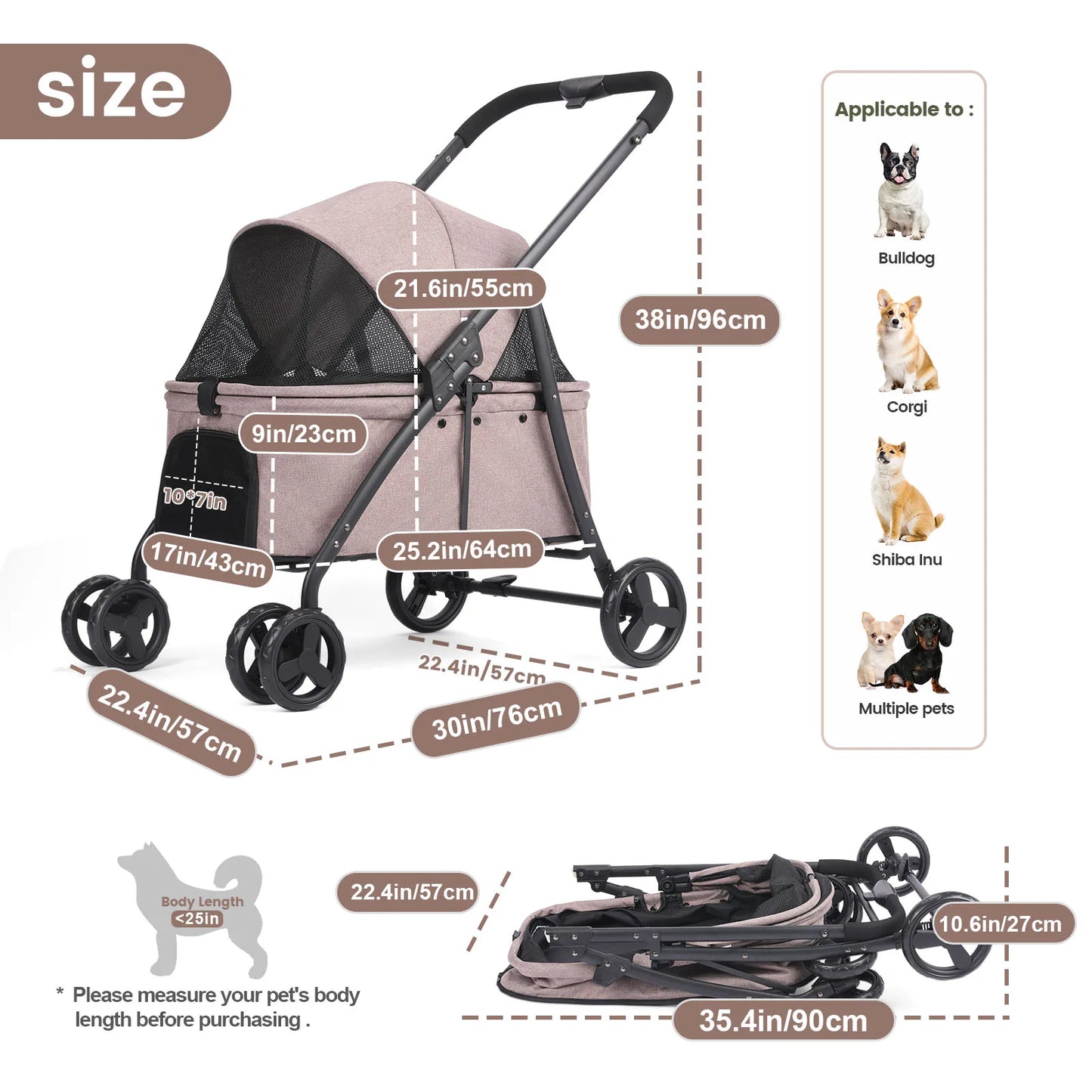 Foldable Dog Stroller Portable 4 Wheel Pet Pushchair Travel Carriage