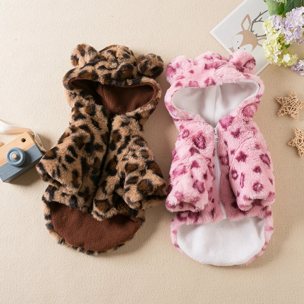 Winter Fleece Dog Hoodie Leopard Pattern Coat for Dogs