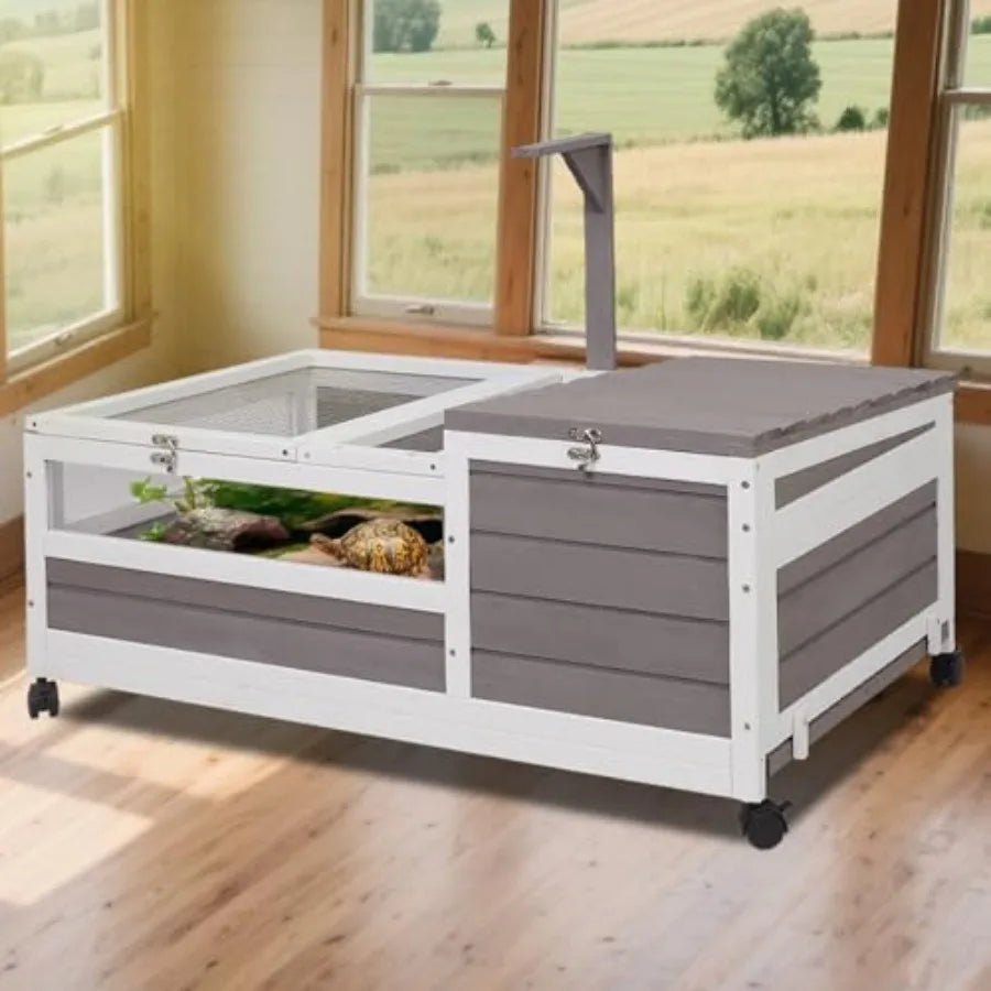 Tortoise Habitat Tank Indoor Outdoor Wooden Two-Room Enclosure With Wheels