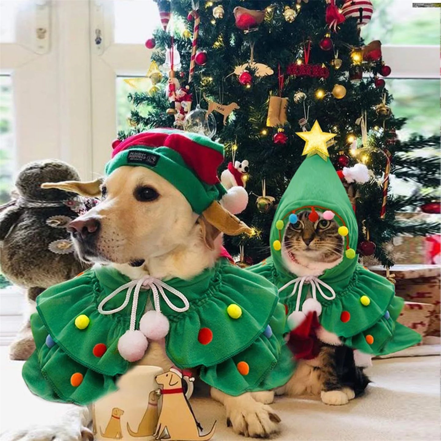Christmas Evergreen Themed Pet Costume Cape With Extravagant Headpiece Adornments