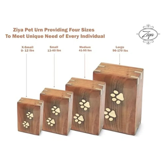 Wooden Cremation Pet Urn Brass Paws Inlaid Memorial Box