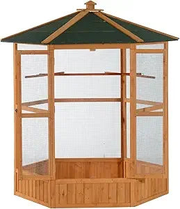Wooden Hexagonal Outdoor Bird Aviary Cage With Covered Roof