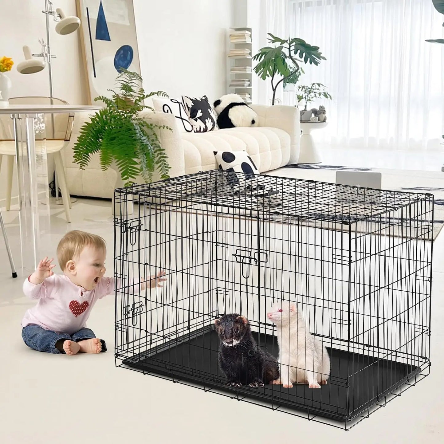 HiMISSCN Folding Metal Pet Cage For Dogs Cats Rabbits Chinchilla