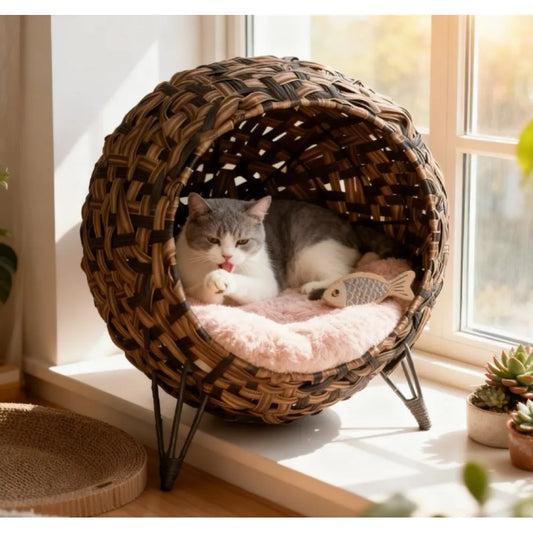 Elevated Handwoven Banana Leaf Cat House Condo With Cushion