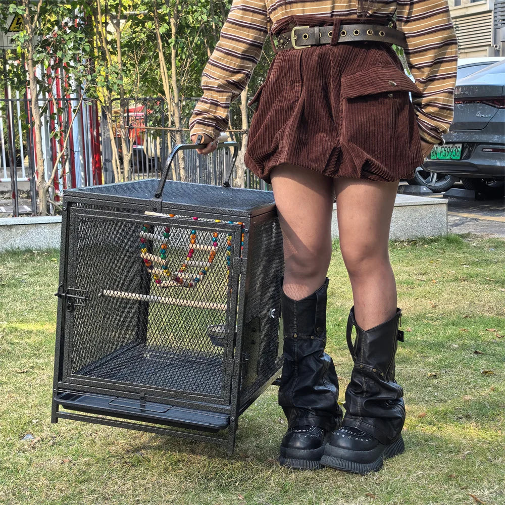 Heavy Duty Wrought Iron Travel Bird Cage With Wooden Perch