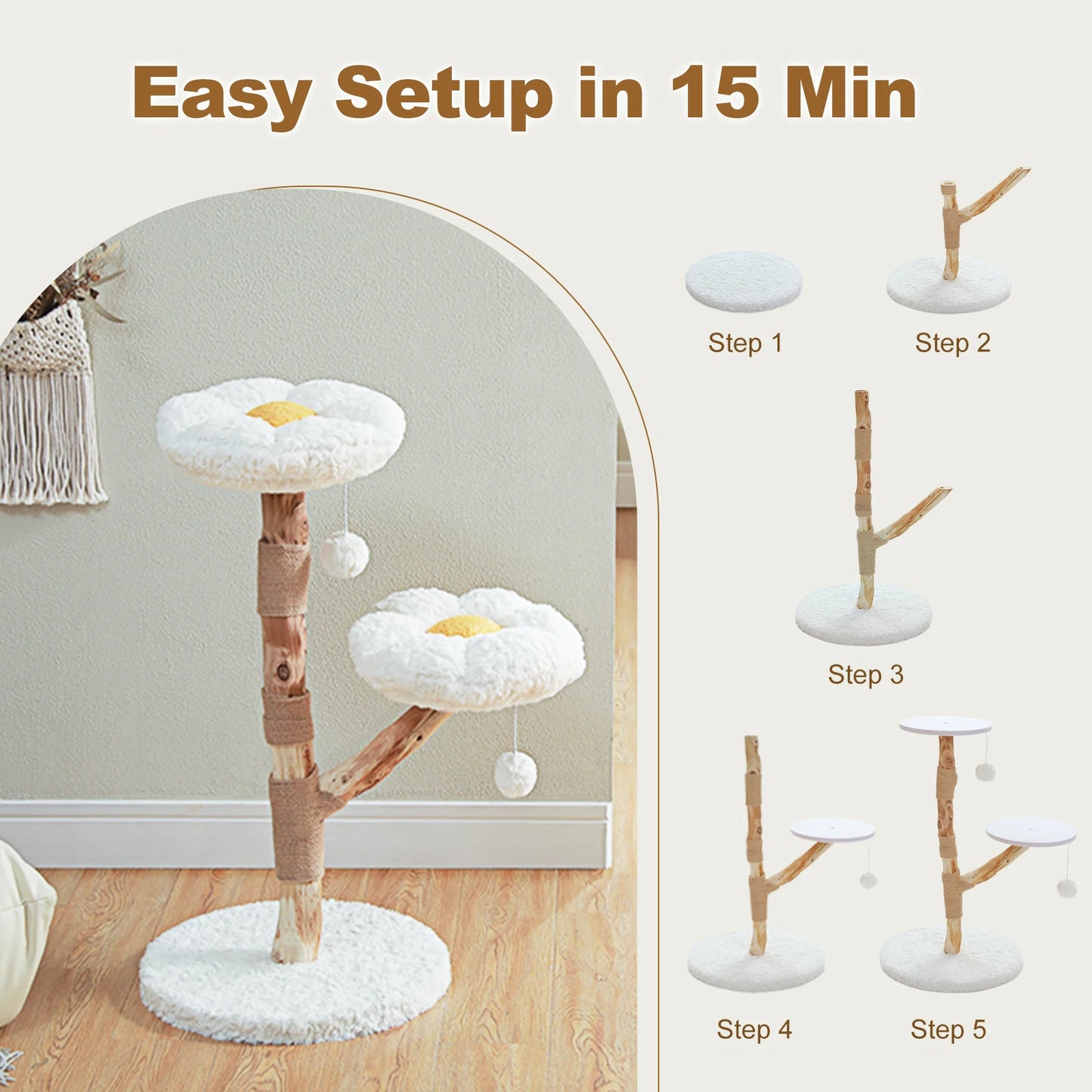 PAWZ Road Modern Cat Tree Tower With Natural Solid Wood Scratching Posts And Basket