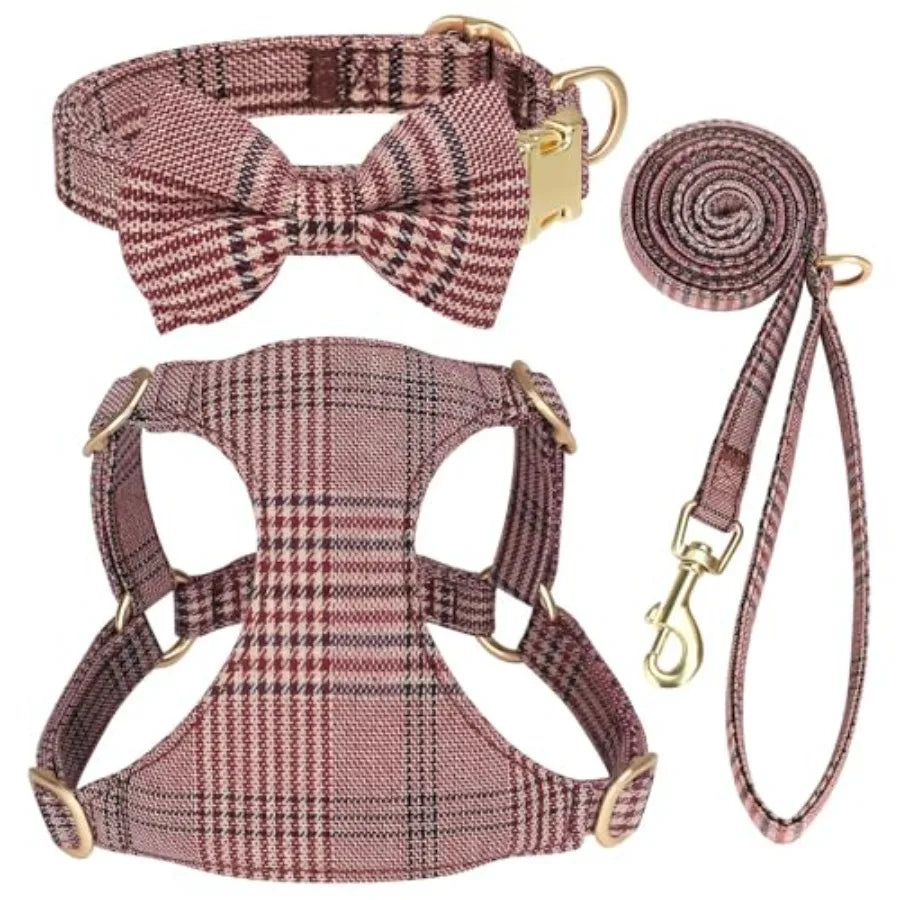 Dog Harness Collar And Leash Set With Bowtie For Pets