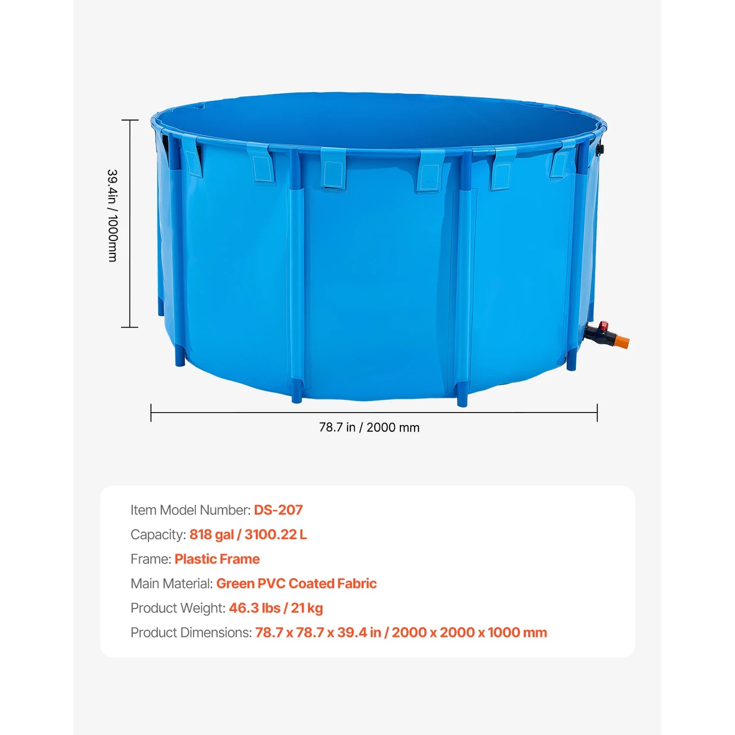 Canvas Fish Pond Foldable PVC Koi Tank With Stable Frame Drain Valve