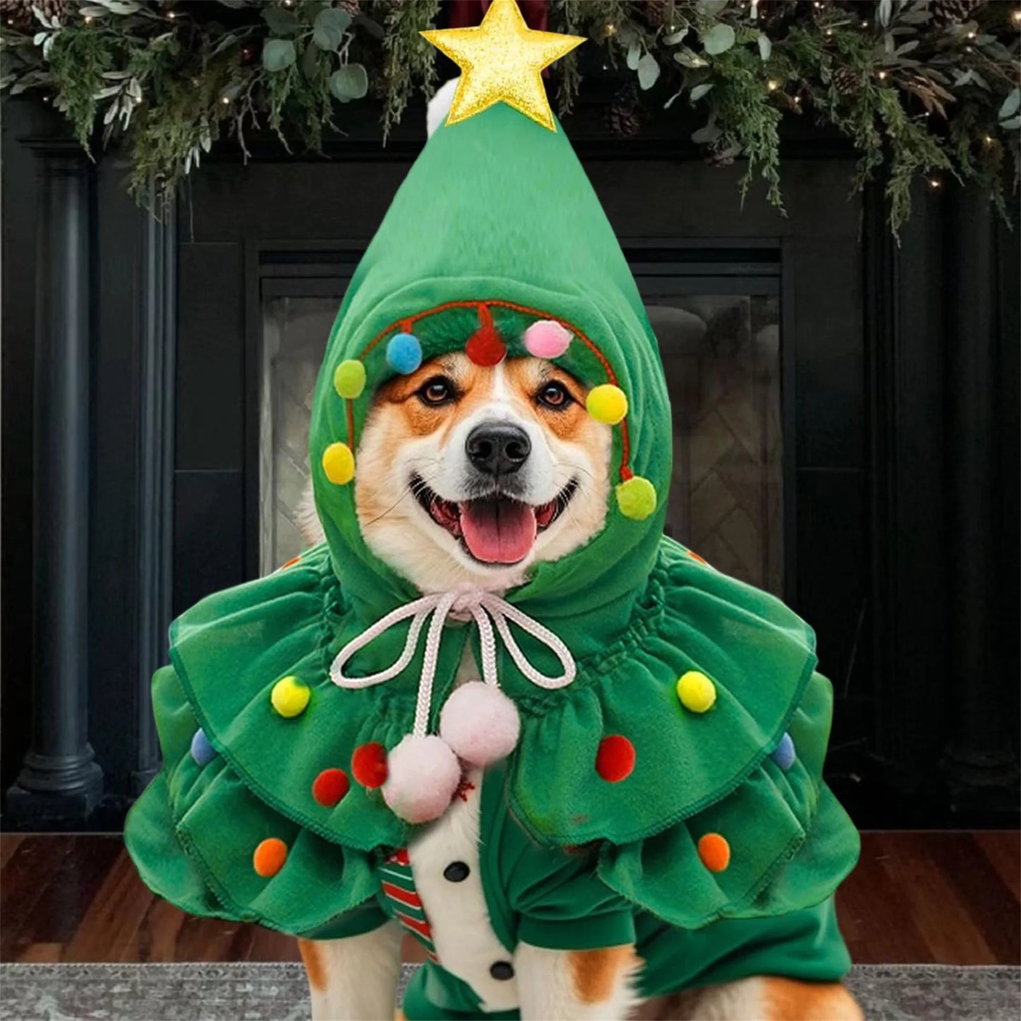 Christmas Evergreen Themed Pet Costume Cape With Extravagant Headpiece Adornments