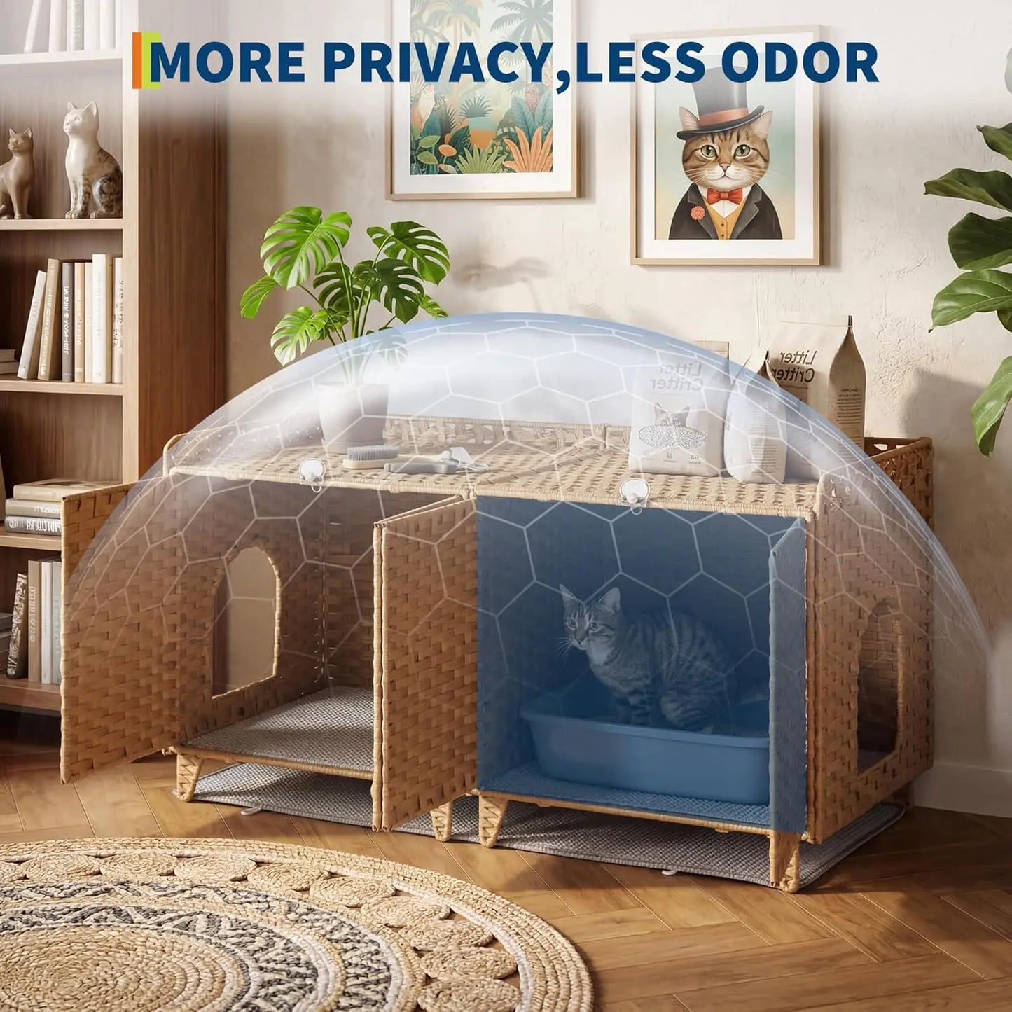 HiMISS Hidden Cat Litter Box Enclosure Handwoven Rattan Furniture