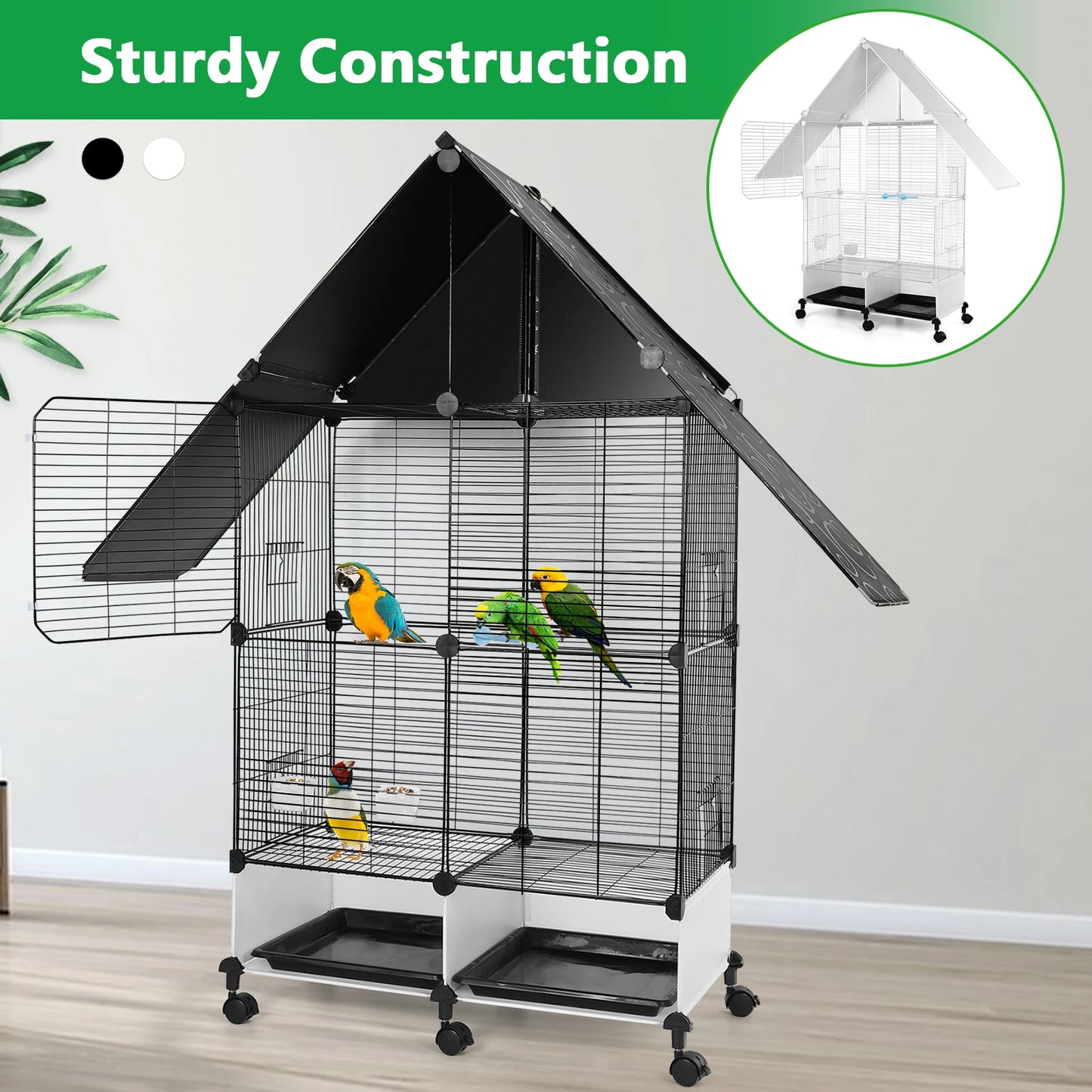 Iron 2 Tier House Shape Bird Cage With Lock Rolling Stand