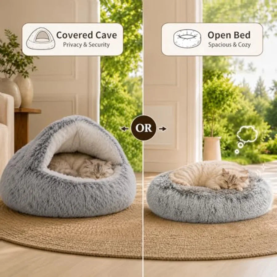 Round Plush Hooded Cat Bed Cave Cozy Suede Indoor Pet