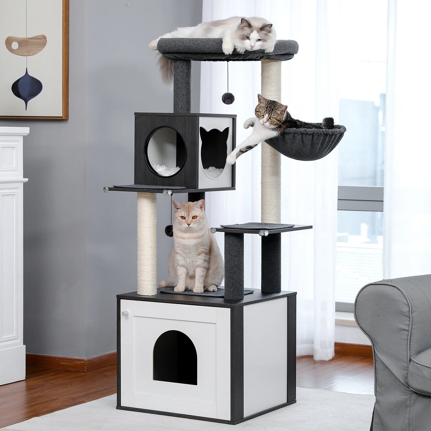 PEQULTICN Cat Tree Tower Litter Box Wood Structure With Hammock
