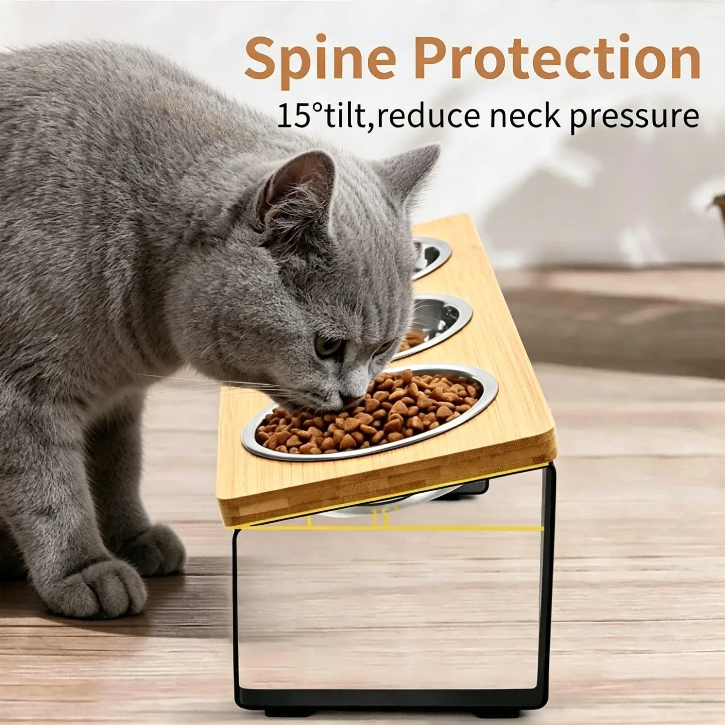 Elevated Cat Feeder With Tilted 15 Degree Stand And Stainless Steel Bowls