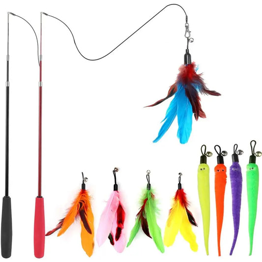 Indoor Cat Toy Set With Interactive Retractable Wand And 9 Piece Feather Toys