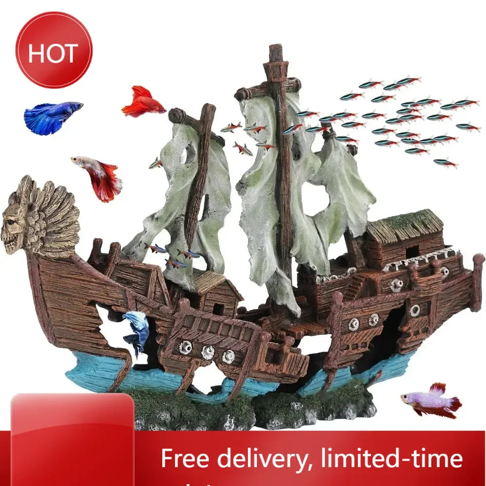 Shipwreck Aquarium Decoration Sail Ornament For Large Fish Tanks