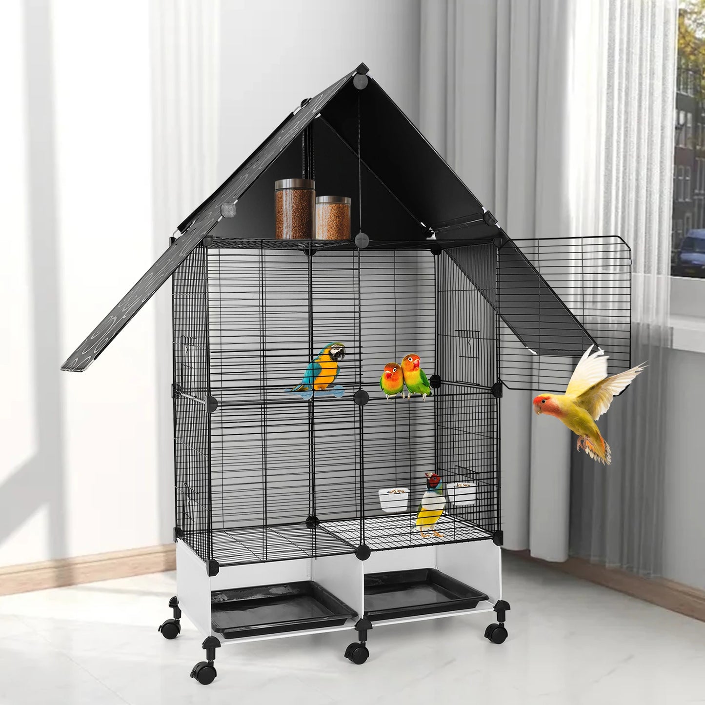 Iron 2 Tier House Shape Bird Cage With Lock Rolling Stand