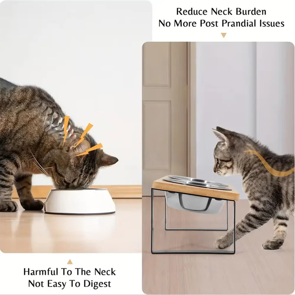 Elevated Tilted Cat Bowls With Wooden Stand And Stainless Steel Bowls