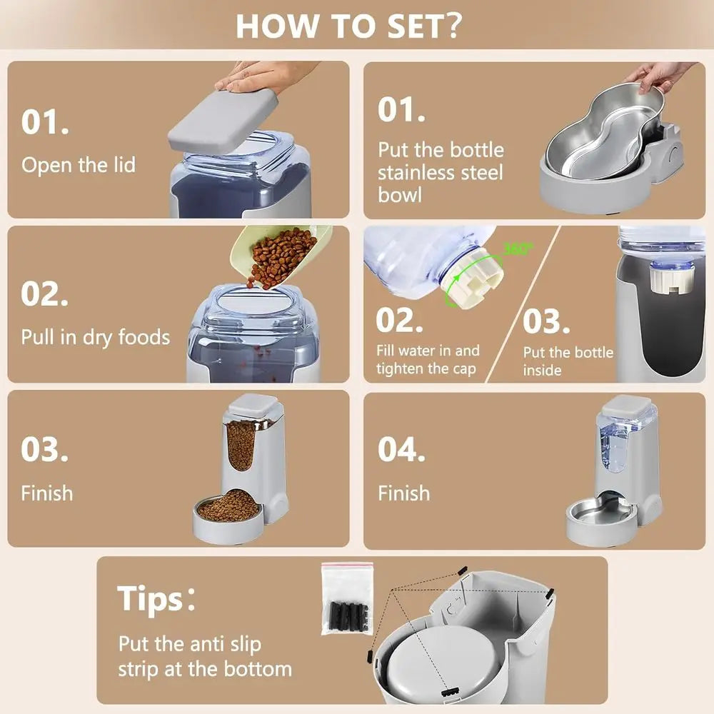 Automatic Cat Feeder And Water Dispenser With Stainless Steel Bowl