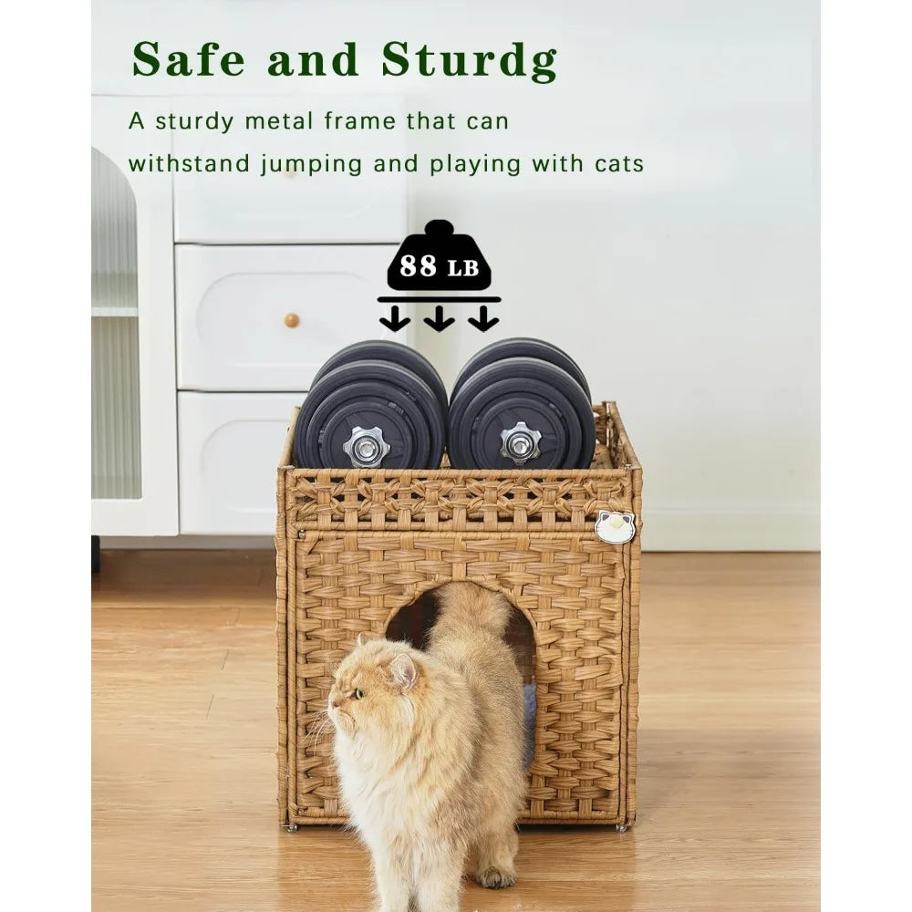 Handwoven Rattan Double Cat Cave Bed with Soft Cushions