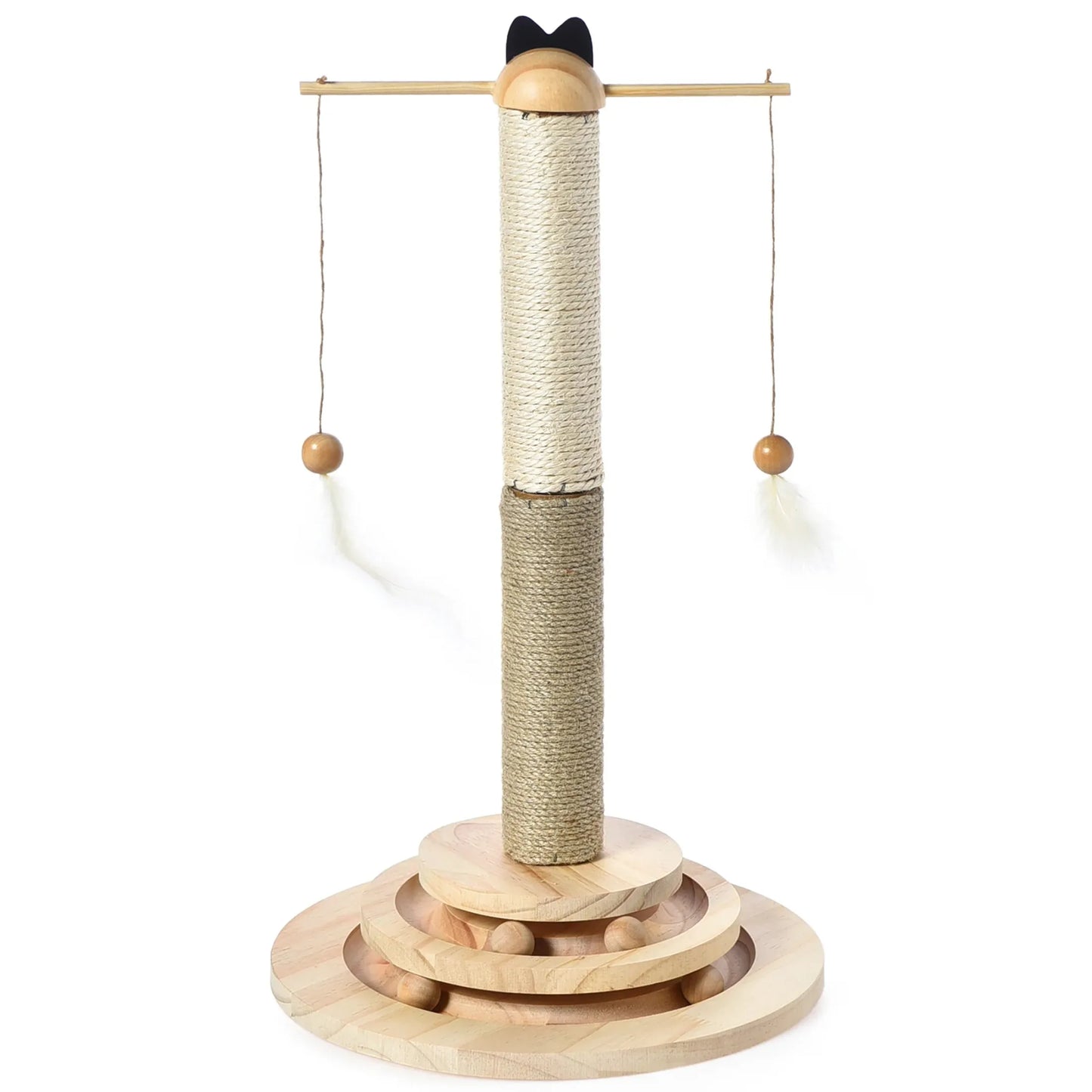 Interactive Cat Scratching Post With 2 Tier Ball Track And Hanging Feathers